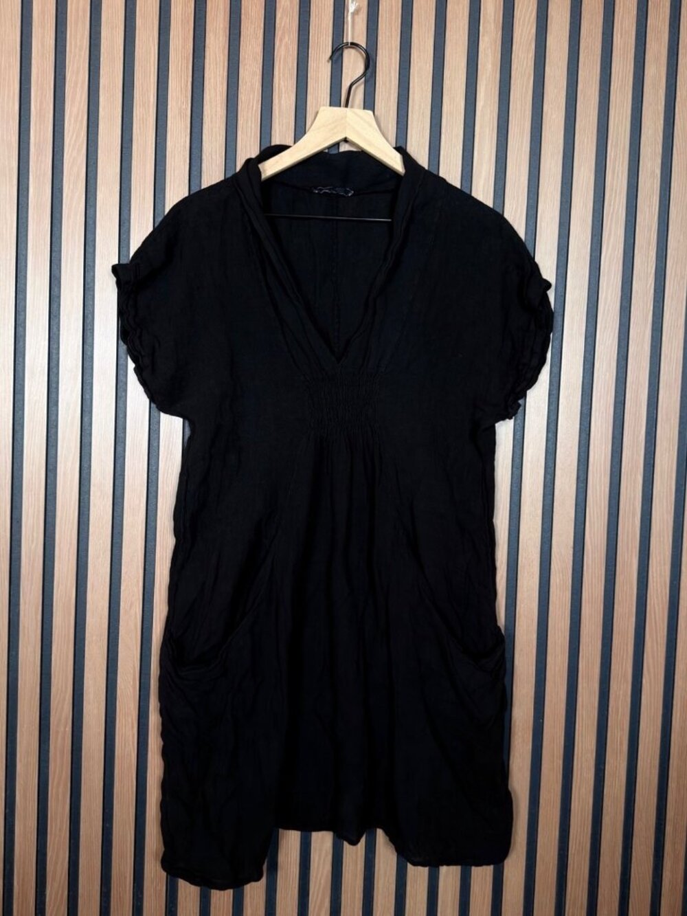 Meo Meli Dress OS Womens Black Cotton Stretch Draped Pockets Smocked Detail